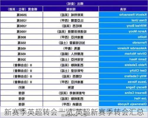 新赛季英超转会一览,英超新赛季转会汇总